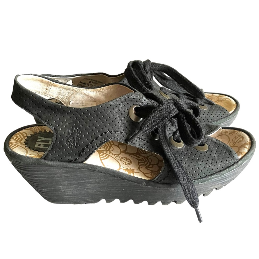 Fly London Yifa Wedge Sandals Womens Size 40 (9-9.5) perforated Suede